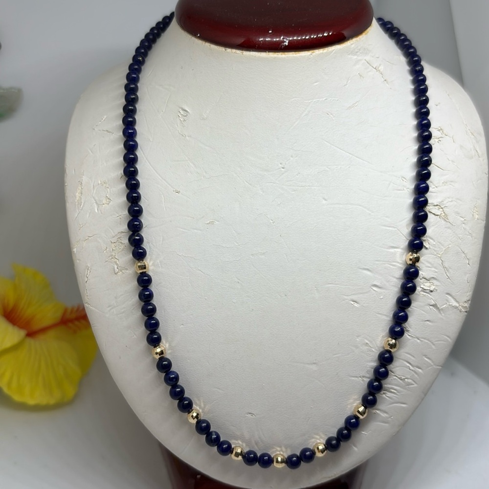 4mm genuine lapis lazuli with 14 karat gold clasp and faceted beads necklace